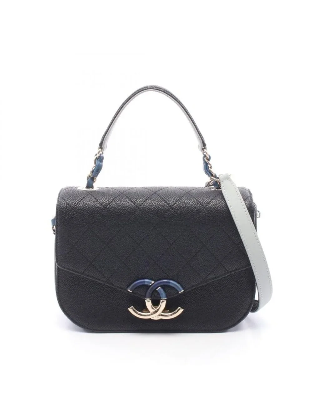 Chanel Shoulder Bag Quilted Half Coco Black Caviar Leather 2-Way Chain